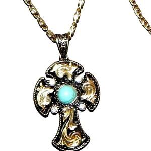 Dazzling Long Chain w/ BLK GLD SLVR Cross Necklace